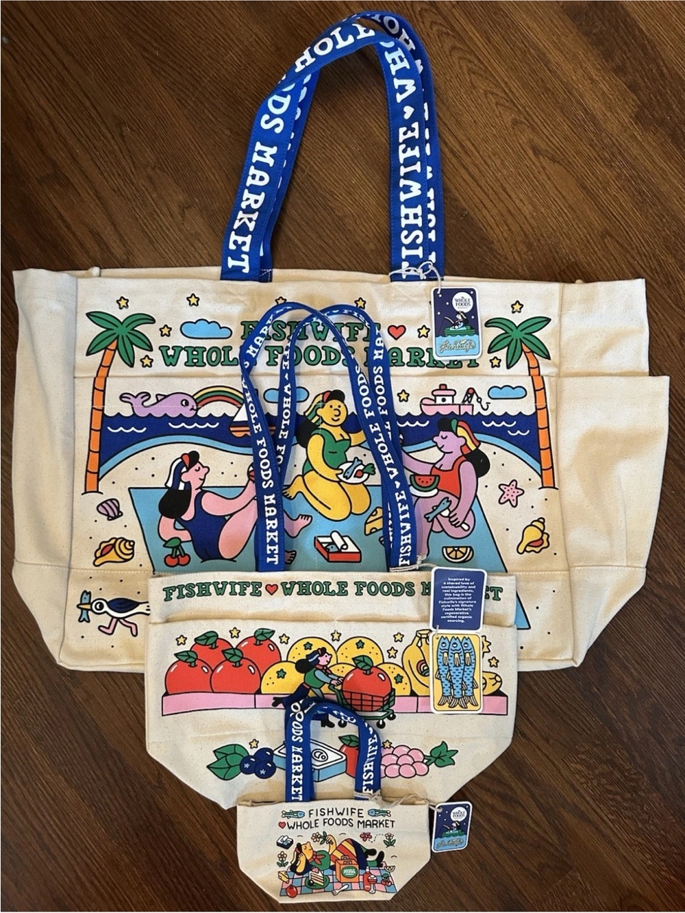 Fishwife x Whole Foods Market Complete 3-Piece Tote Set Large Medium Micro NWT